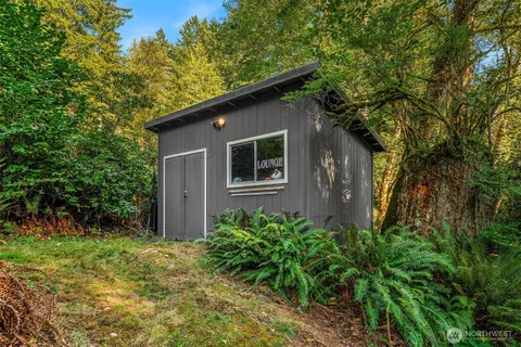 a garden view with a seating space