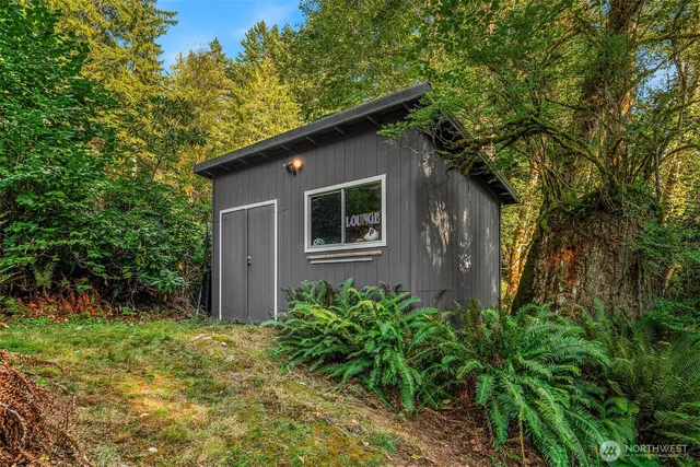 a garden view with a seating space