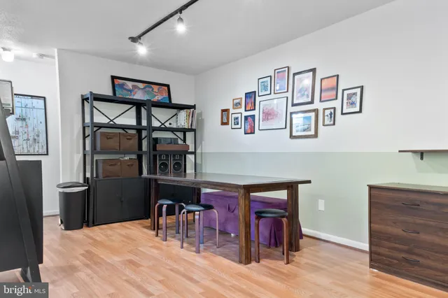 a view of a dining room with furniture