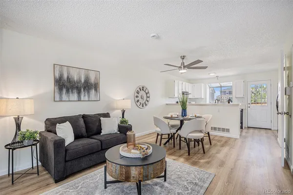 a living room with furniture a rug and a window