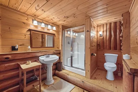 a bathroom with a toilet a sink and shower