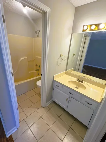 a bathroom with a tub sink and mirror