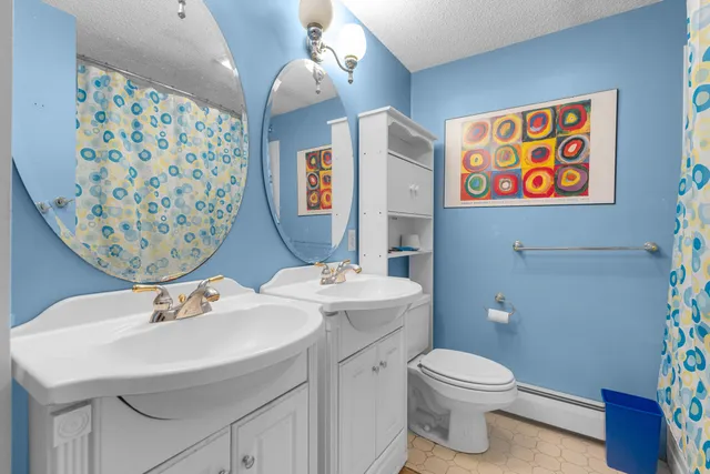 a bathroom with a sink a toilet and shower curtain