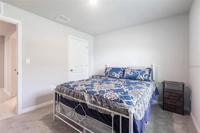 a bedroom with a bed and a closet