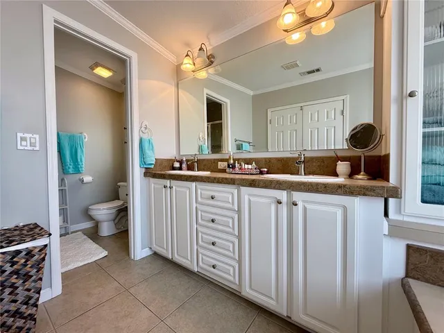 a bathroom with a double vanity sink toilet and a mirror