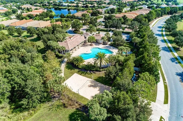 an aerial view of residential house with outdoor space and swimming pool