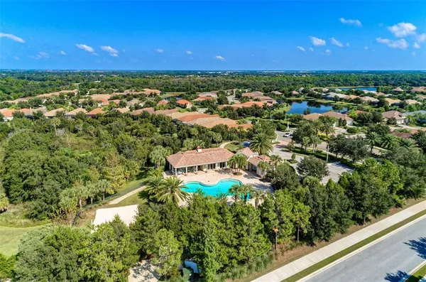 an aerial view of a houses with a swimming pool