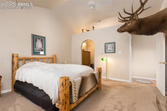 a bedroom with a bed and a chandelier