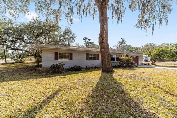 a view of a house with a yard and tree s