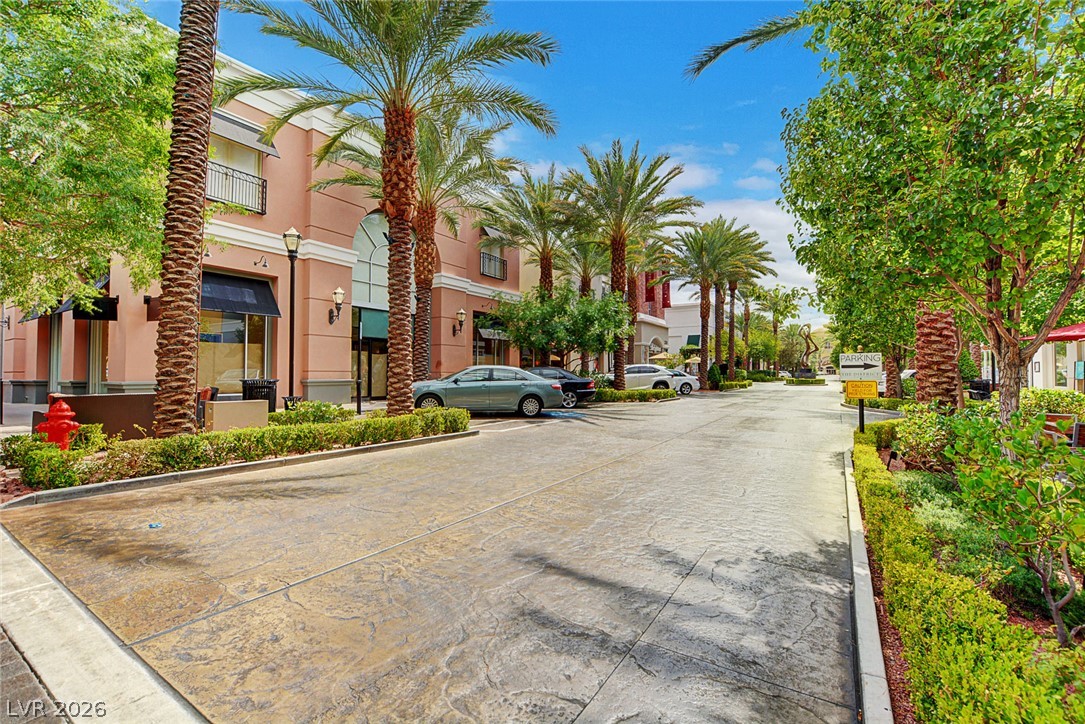 48 Jasmine Point Street Henderson, NV 89074 - Photo 6 of 62 Palm-lined drive leads past shops to ample parking, offering a vibrant community atmosphere.