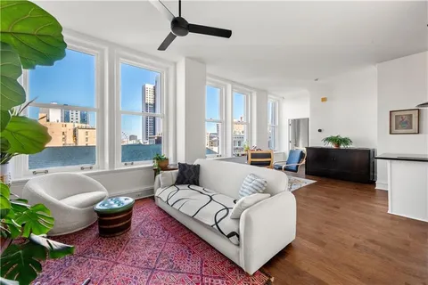 a living room with furniture and a potted plant