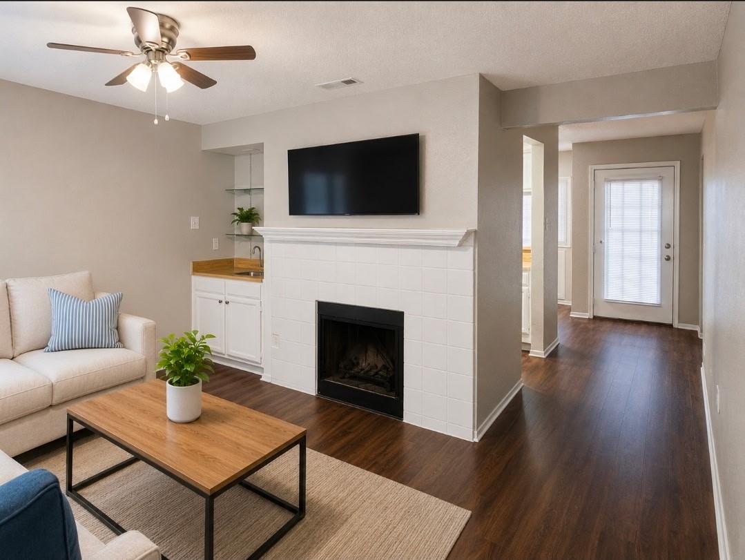 Family room with fireplace .