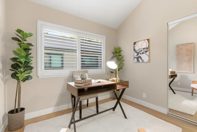 a workspace with furniture and a potted plant