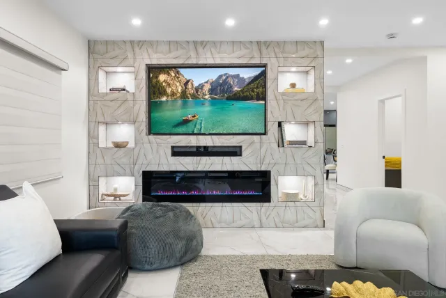 a view of a dining room with furniture