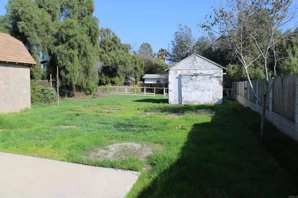 a backyard of a house with plants and large trees