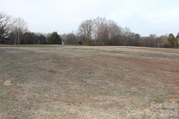 a view of a field with trees in background