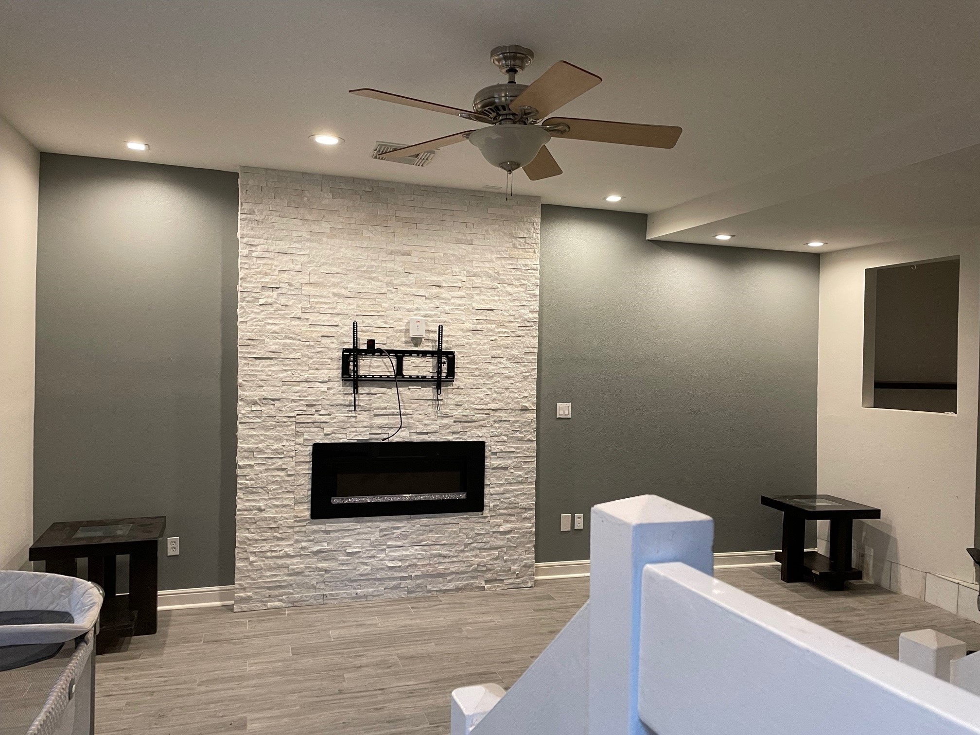 a room with furniture and a fireplace