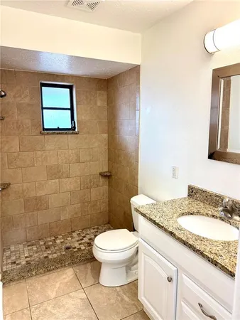 a bathroom with a granite countertop toilet a sink and mirror