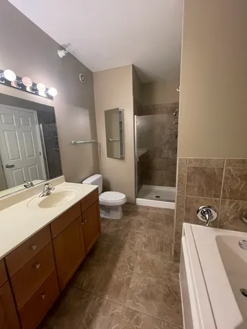 a bathroom with a double vanity sink a toilet and shower