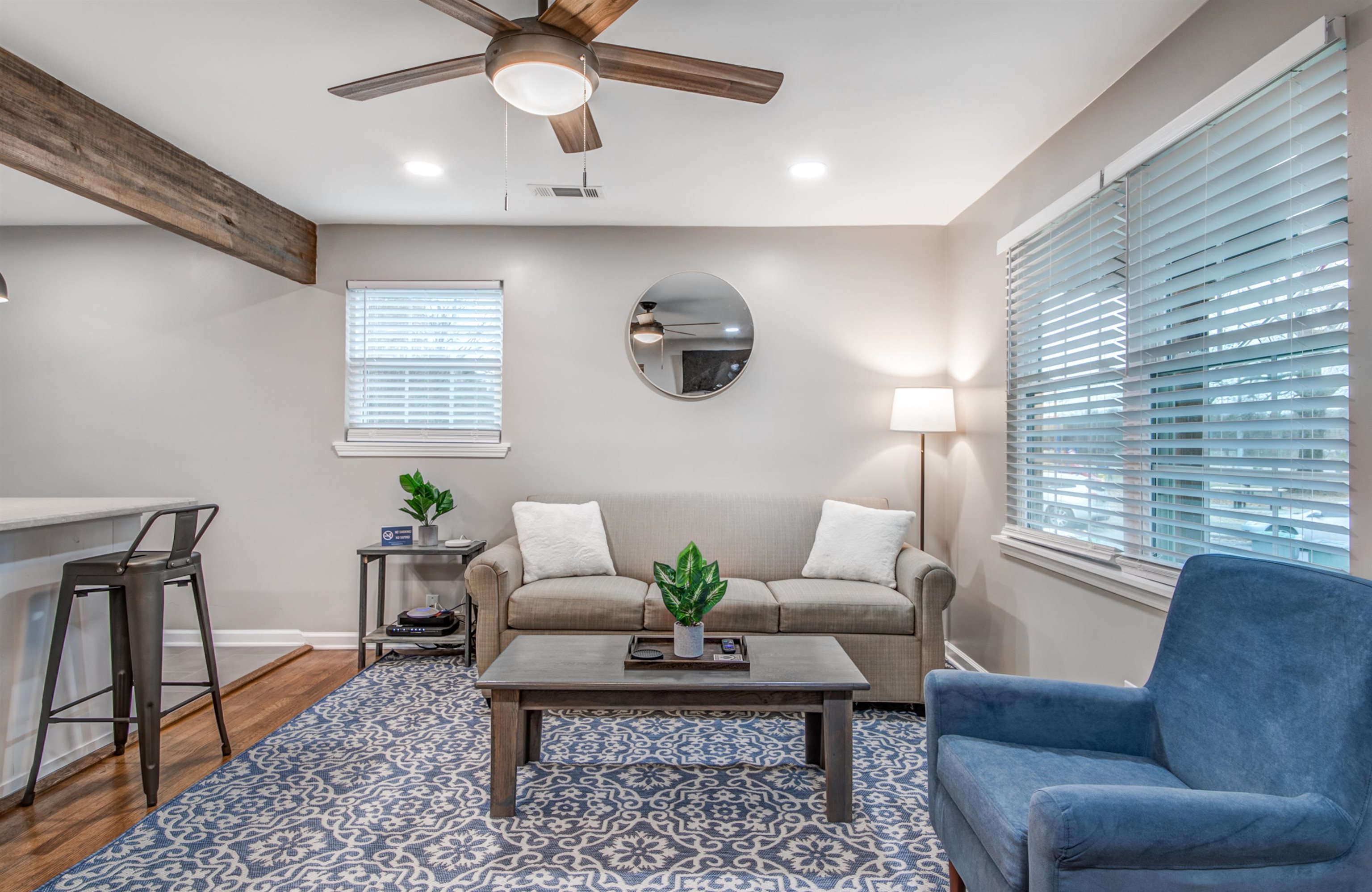 1277 Wellsville Road Memphis, TN 38117 - Photo 12 of 39 Living area featuring dark wood-style flooring, a ceiling fan, and recessed lighting