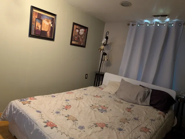 a bedroom with a bed and a window