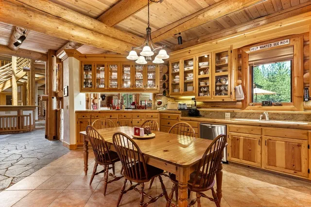 a view of a dining room with furniture window and outside view