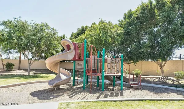 a swimming pool with lots of tress in front of it