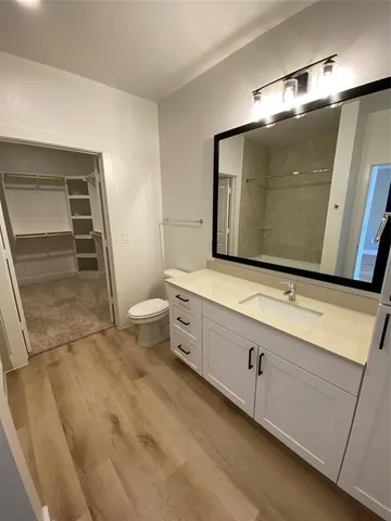 a bathroom with a sink a toilet and mirror