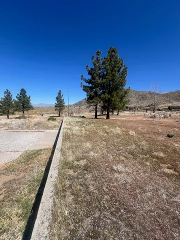 a view of a dry yard with wooden fence