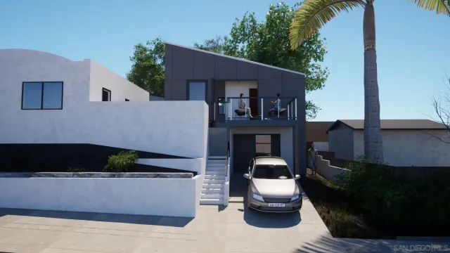 an aerial view of a house with a garden