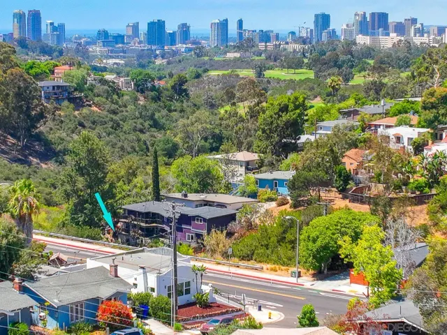 an aerial view of a house with a garden