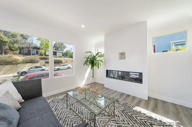 a living room with furniture and a potted plant