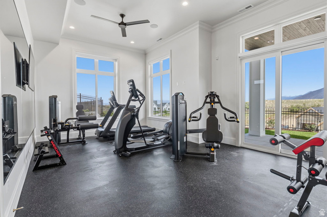 115 East Hidden Ridge Lane, Unit 42 Mapleton, UT 84664 - Photo 77 of 103 Dedicated fitness room featuring rubberized flooring, expansive windows, a glass sliding door, recessed lighting, and a ceiling fan