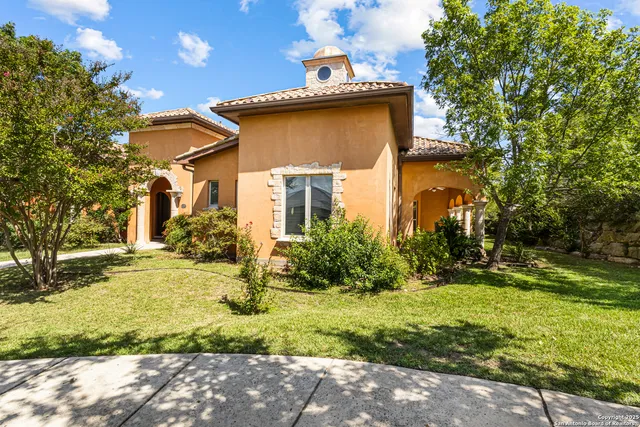 an aerial view of a house with a yard and potted plants