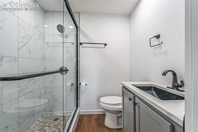 a bathroom with a sink a toilet and shower