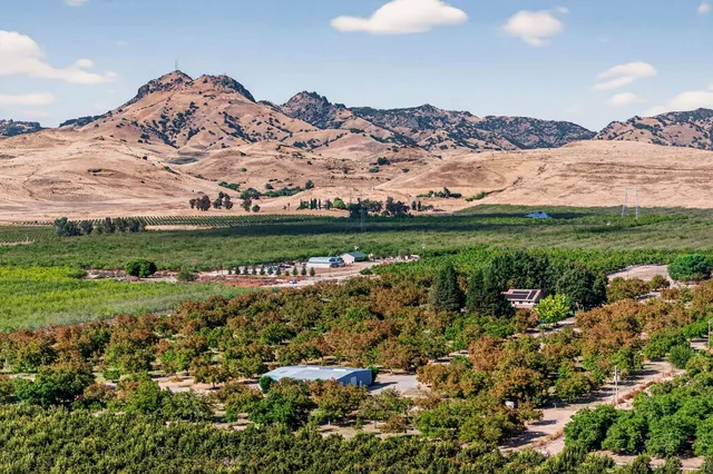 an aerial view of a house with a yard and plants