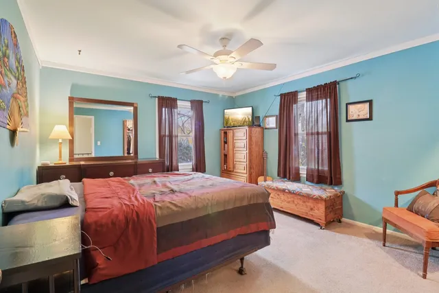 a bedroom with a bed and furniture