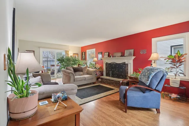 a living room with furniture a rug and a fireplace