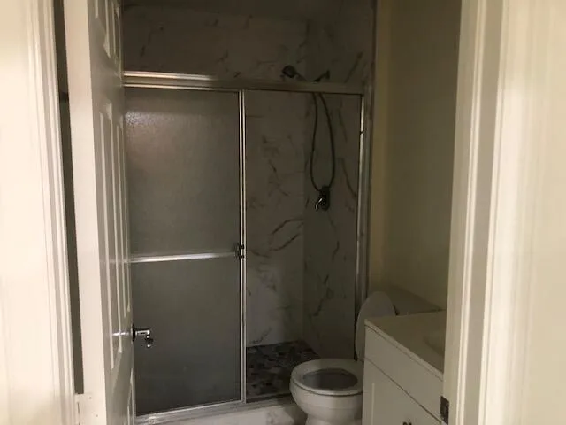 a bathroom with a shower a toilet and a sink