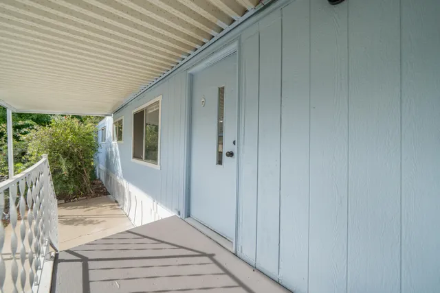 a porch with seating space