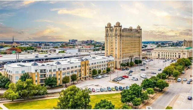 a front view of a building with street view