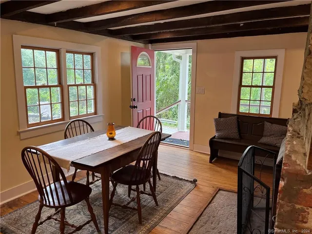 a view of a dining room with furniture window and outside view