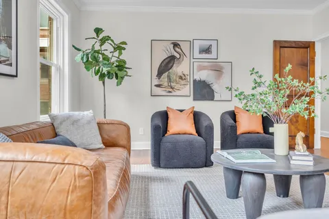 a living room with furniture potted plant and a window