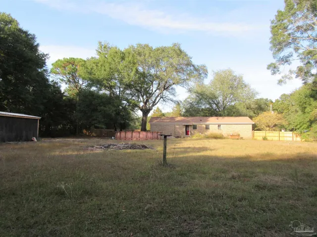 a view of empty yard with large trees
