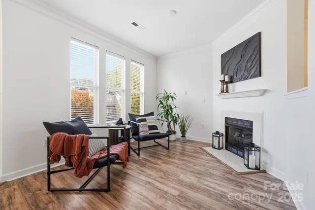 a living room with furniture wooden floor and a fireplace