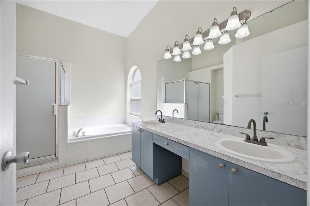 364 Nevada Loop Road Davenport, FL 33897 - Photo 20 of 26 a bathroom with a granite countertop sink a large mirror and a bathtub with a chandelier
