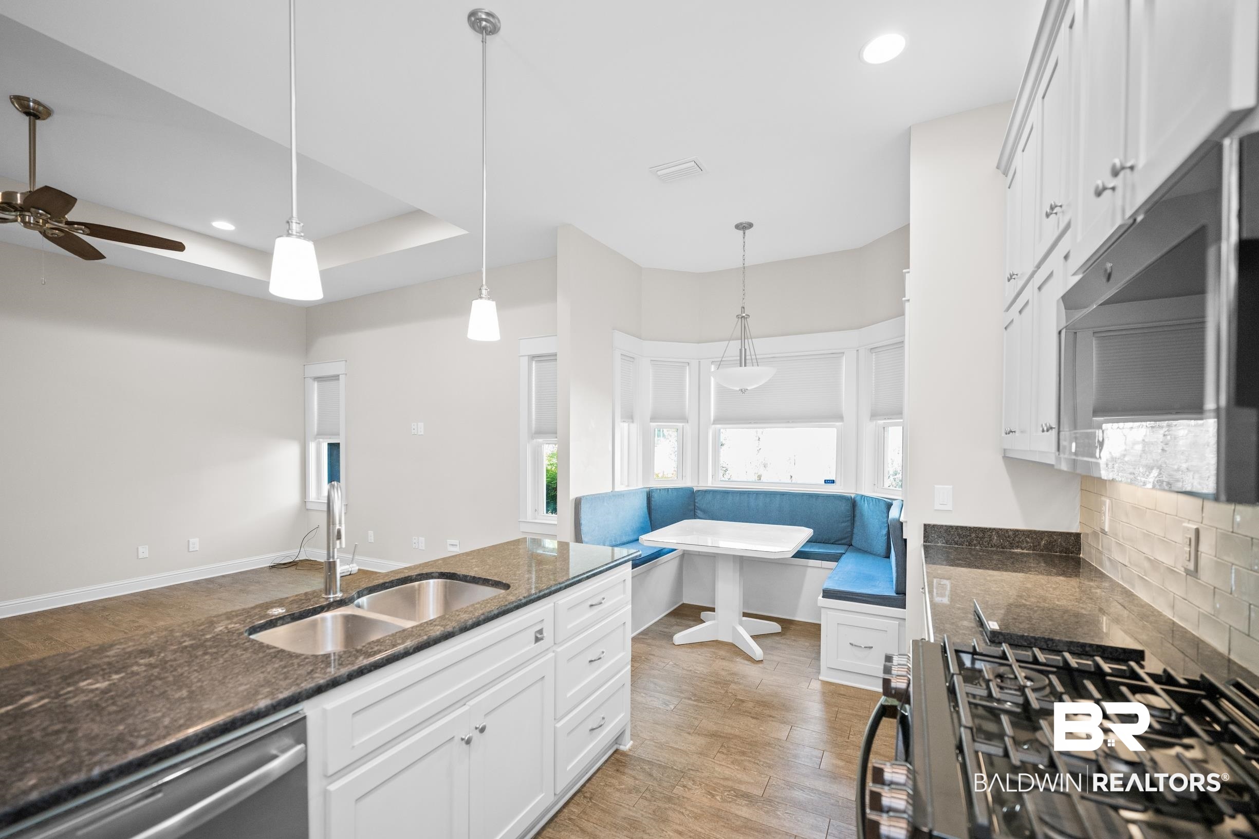 12254 Reunion Place Foley, AL 36535 - Photo 17 of 62 Kitchen featuring stainless steel appliances, a sink, a ceiling fan, white cabinets, and recessed lighting