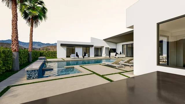 a view of a house with swimming pool and sitting area