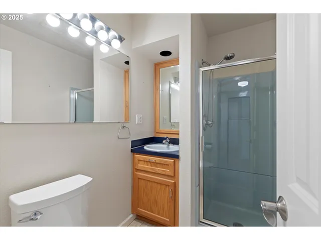a bathroom with a granite countertop sink a toilet and shower