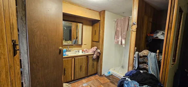 a bathroom with a sink a mirror and a shower